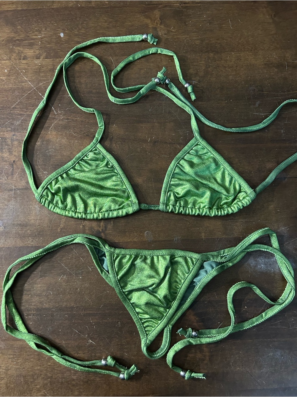 NWOT Cloris Murphy Metallic Green Tri-Top Tie-Side Scrunchy Butt Bottom Bikini